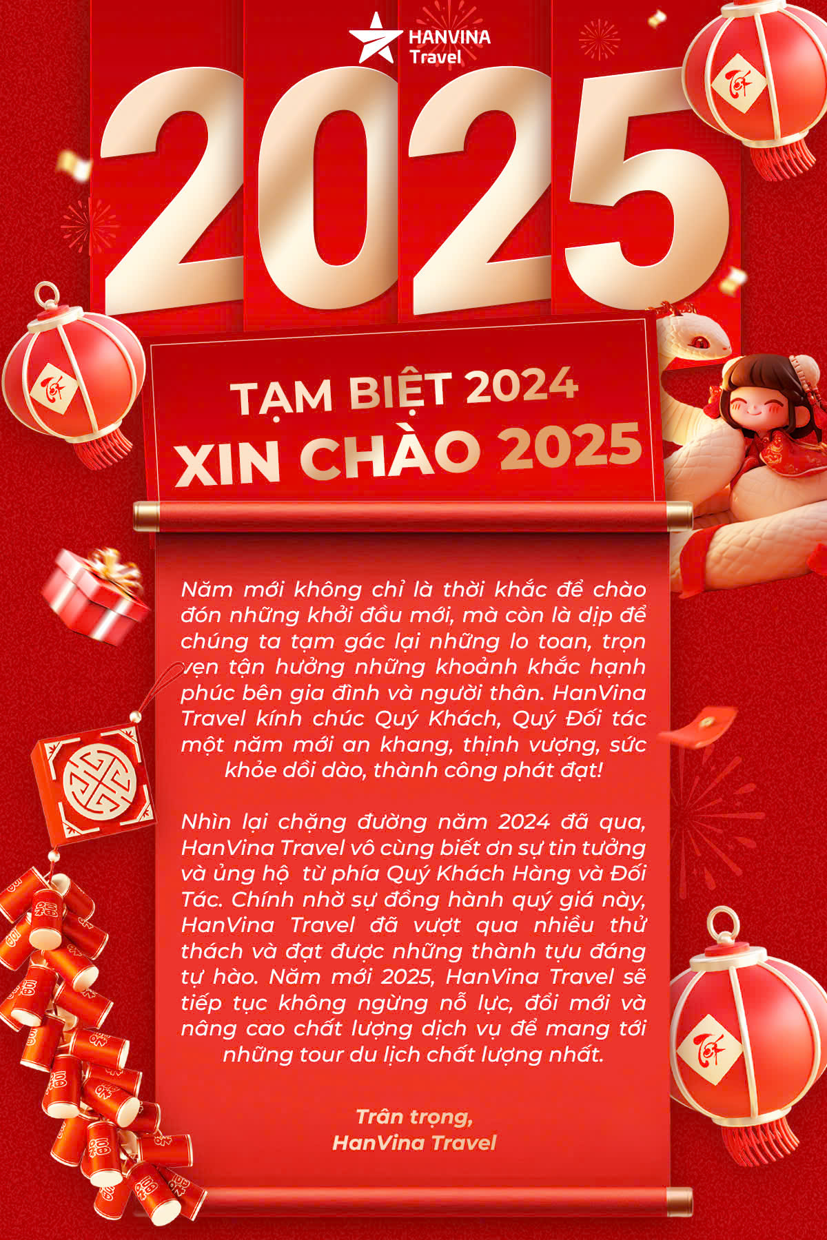 Th&ocirc;ng điệp ch&uacute;c mừng năm mới từ Hanvina Travel, gửi lời tri &acirc;n đến kh&aacute;ch h&agrave;ng v&agrave; đối t&aacute;c đ&atilde; đồng h&agrave;nh suốt năm qua.