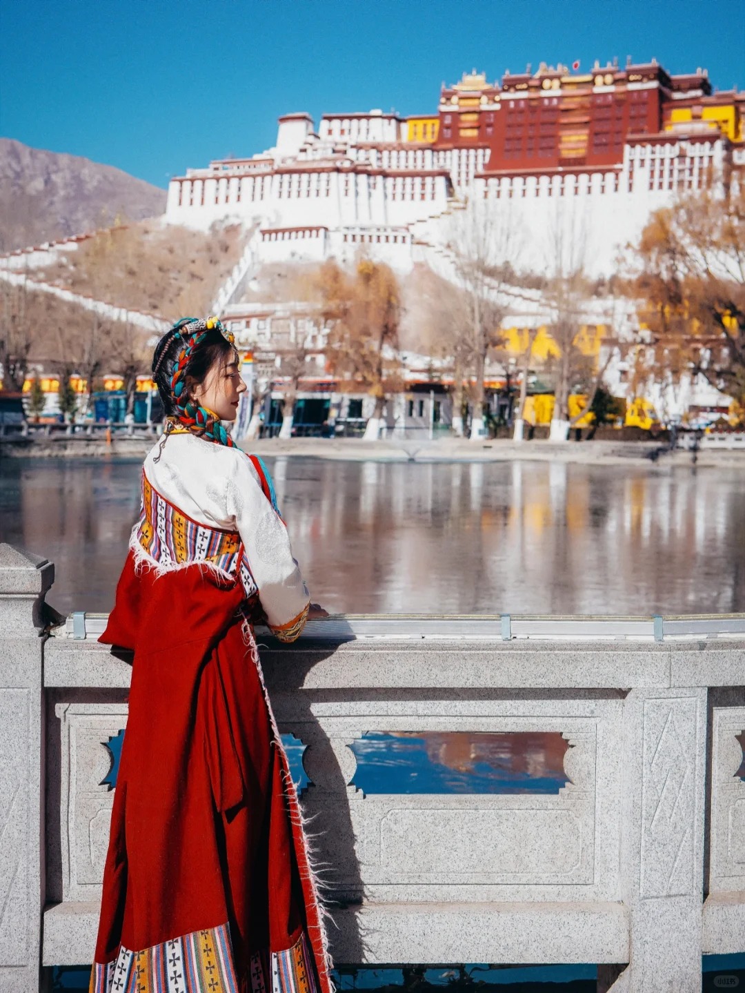 Du kh&aacute;ch diện trang phục truyền thống Tạng tạo d&aacute;ng check-in trước Cung điện Potala
