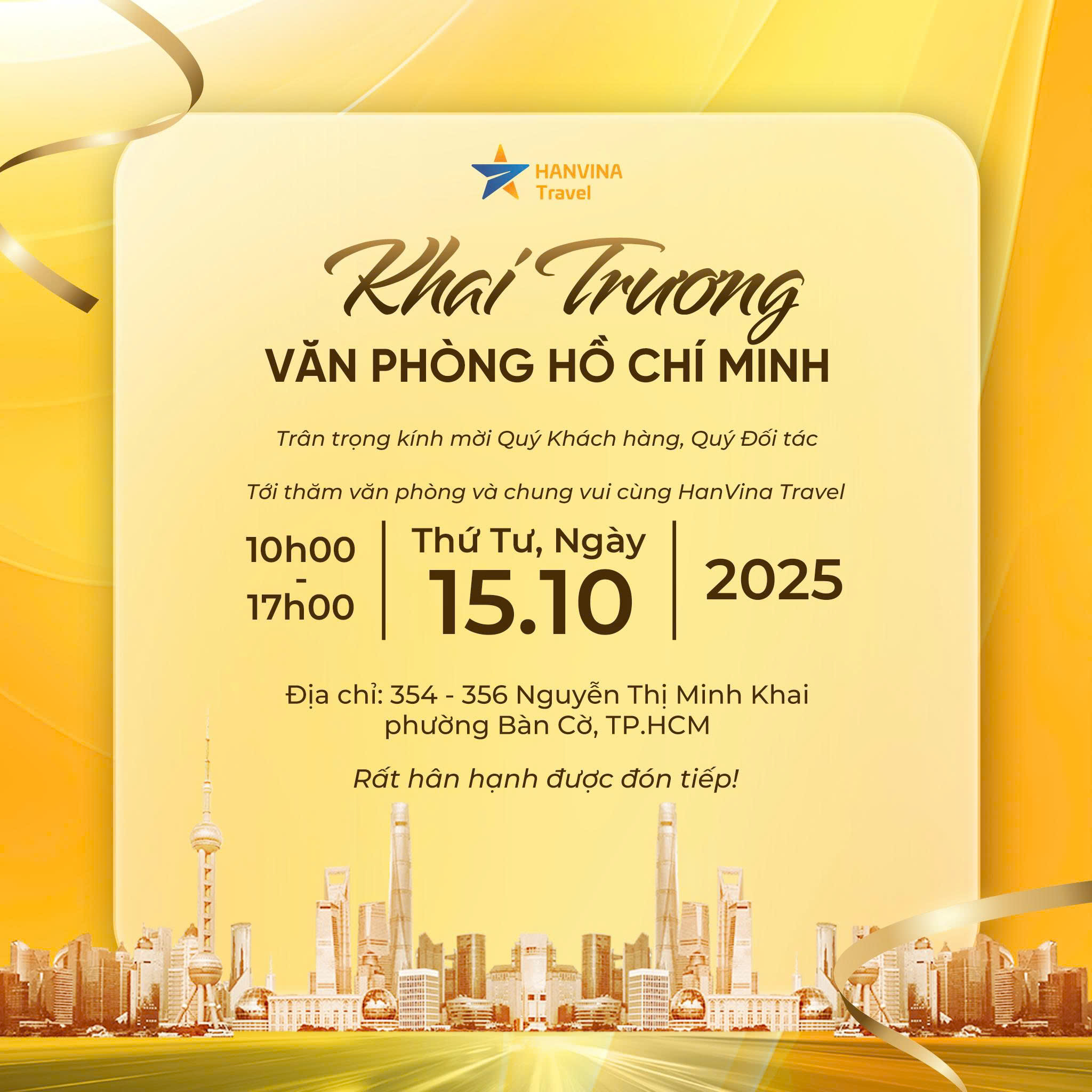 Th&ocirc;ng b&aacute;o khai trương văn ph&ograve;ng giao dịch Hanvina Travel tại TP. Hồ Ch&iacute; Minh từ ng&agrave;y 17/02/2025, địa chỉ 20 Th&acirc;n Nh&acirc;n Trung, phường 13, quận T&acirc;n B&igrave;nh. H&igrave;nh ảnh nền m&agrave;u xanh với biểu tượng Hanvina Travel v&agrave; c&aacute;c c&ocirc;ng tr&igrave;nh biểu tượng của TP. Hồ Ch&iacute; Minh.