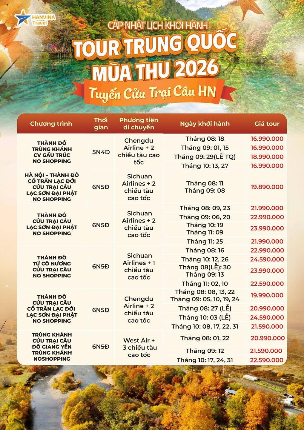Tour Cửu Trại C&acirc;u m&ugrave;a thu khởi h&agrave;nh từ H&agrave; Nội của HanVina Travel