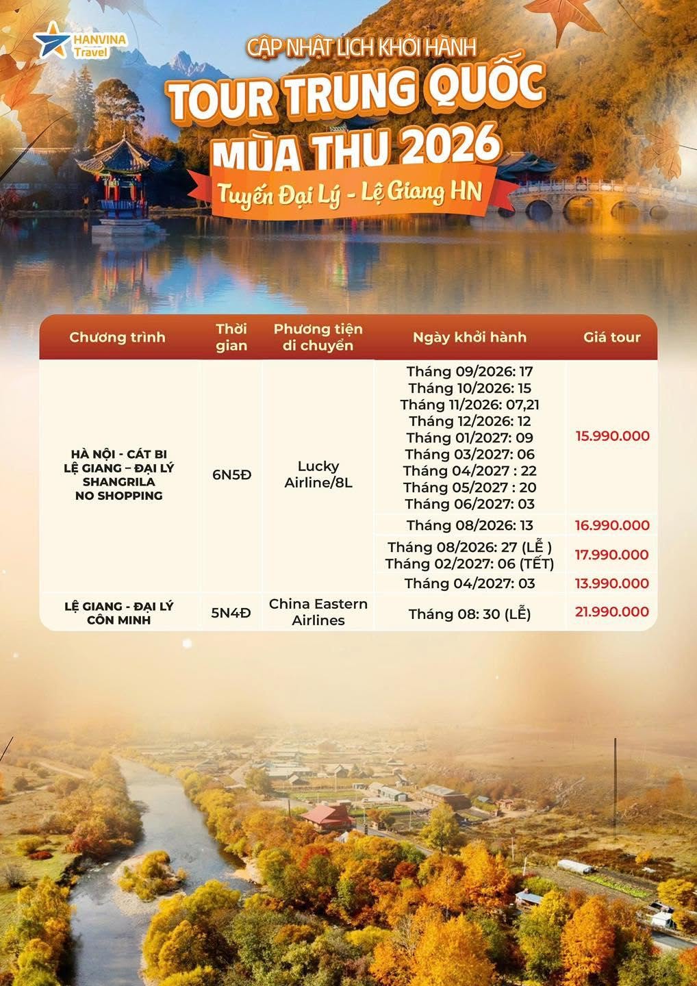 Tour Đại L&yacute; Lệ Giang m&ugrave;a thu khởi h&agrave;nh từ H&agrave; Nội của HanVina Travel