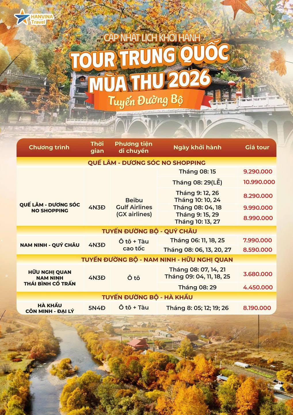Tour Đường bộ m&ugrave;a thu khởi h&agrave;nh từ H&agrave; Nội của HanVina Travel