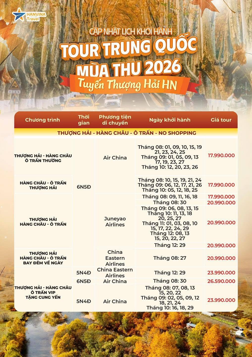 Tour Thượng Hải m&ugrave;a thu khởi h&agrave;nh từ H&agrave; Nội của HanVina Travel