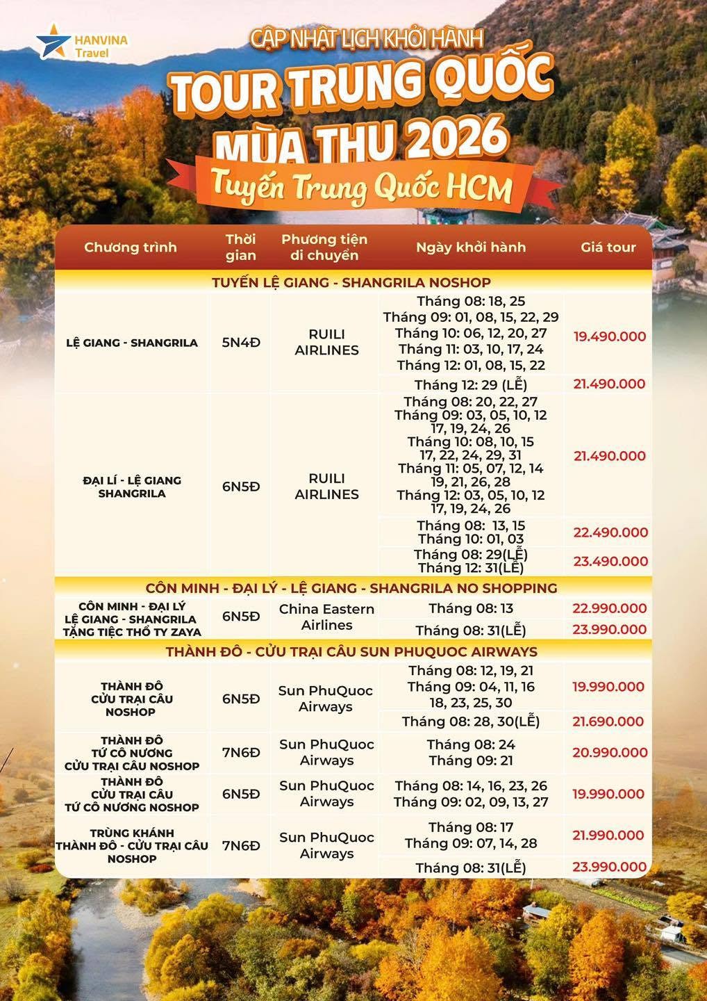 Tour Trung Quốc m&ugrave;a thu khởi h&agrave;nh từ HCM của HanVina Travel